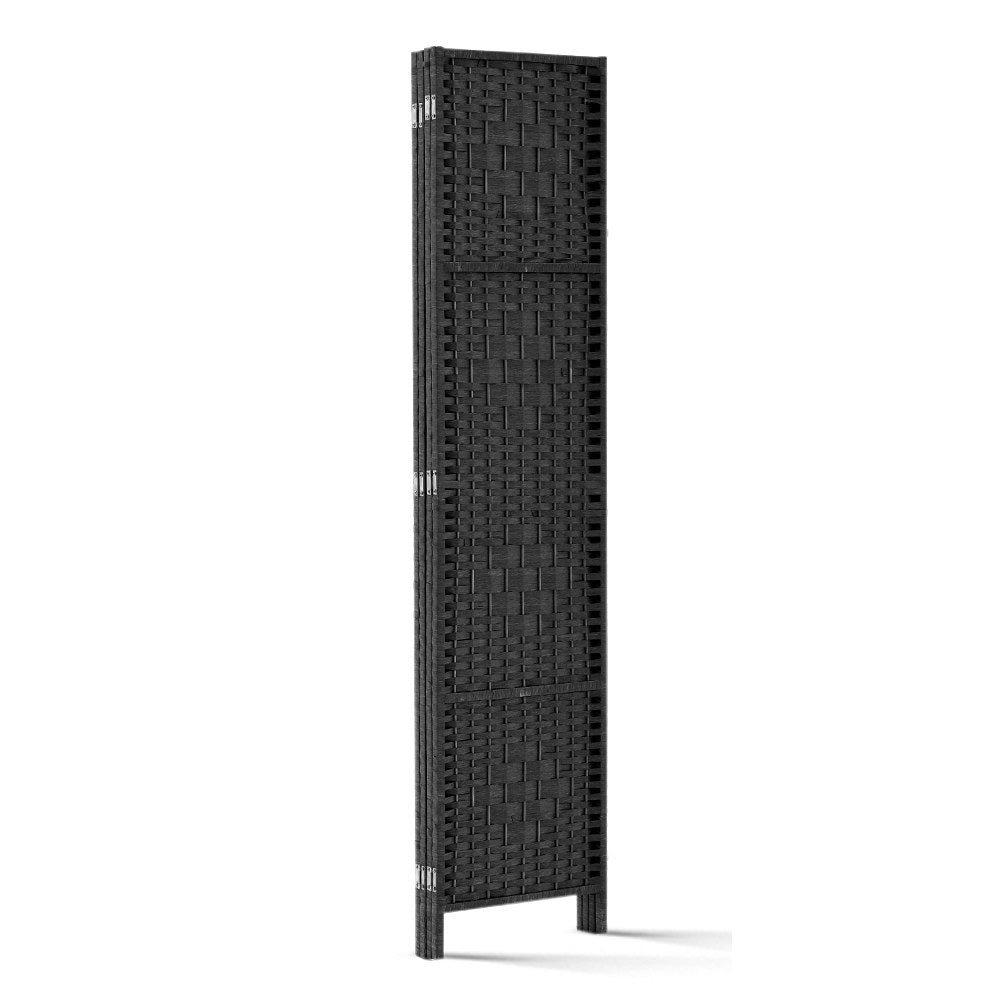 Room Divider, 4‑Panel Privacy Screen, Rattan Woven Wood, Black