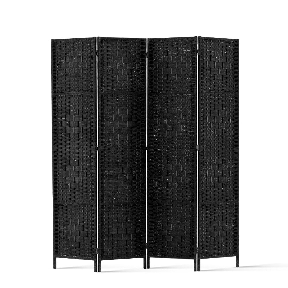 Room Divider, 4‑Panel Privacy Screen, Rattan Woven Wood, Black