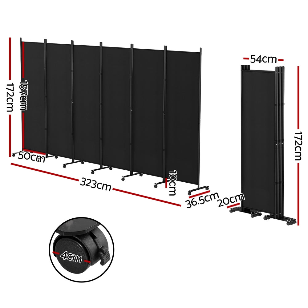 6 Panel Room Divider Screen 323cm Wheel Fabric Black