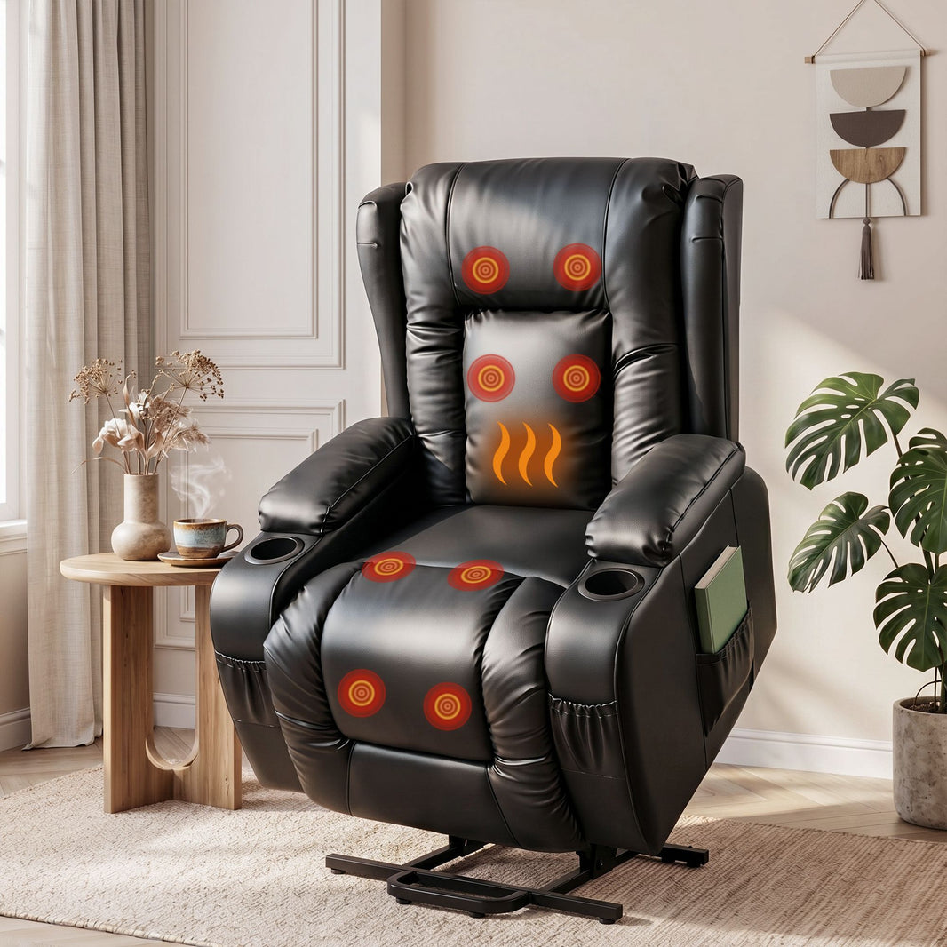Black leather electric lift recliner chair in a living room