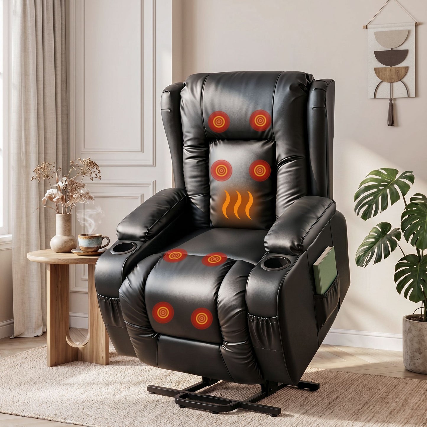 Black leather electric lift recliner chair in a living room