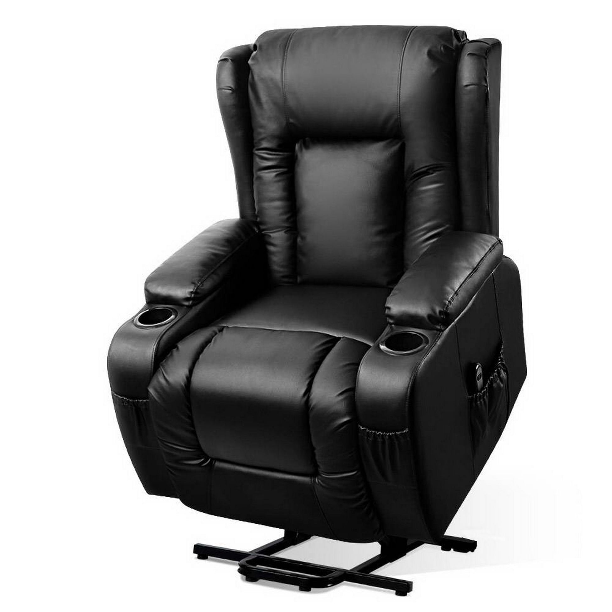 Black leather electric lift recliner chair with padded arms and footrest