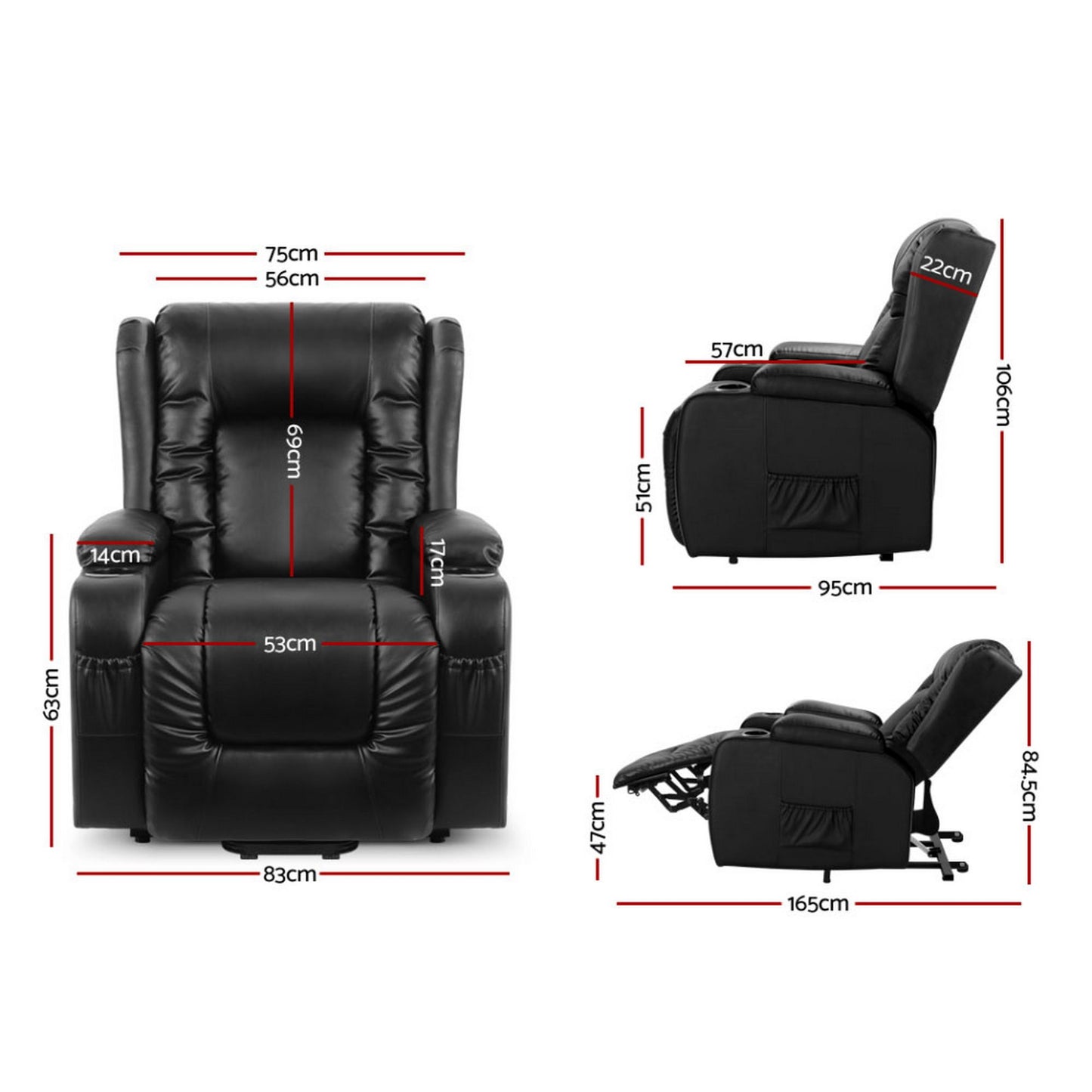 Black leather lift recliner shown upright and reclined