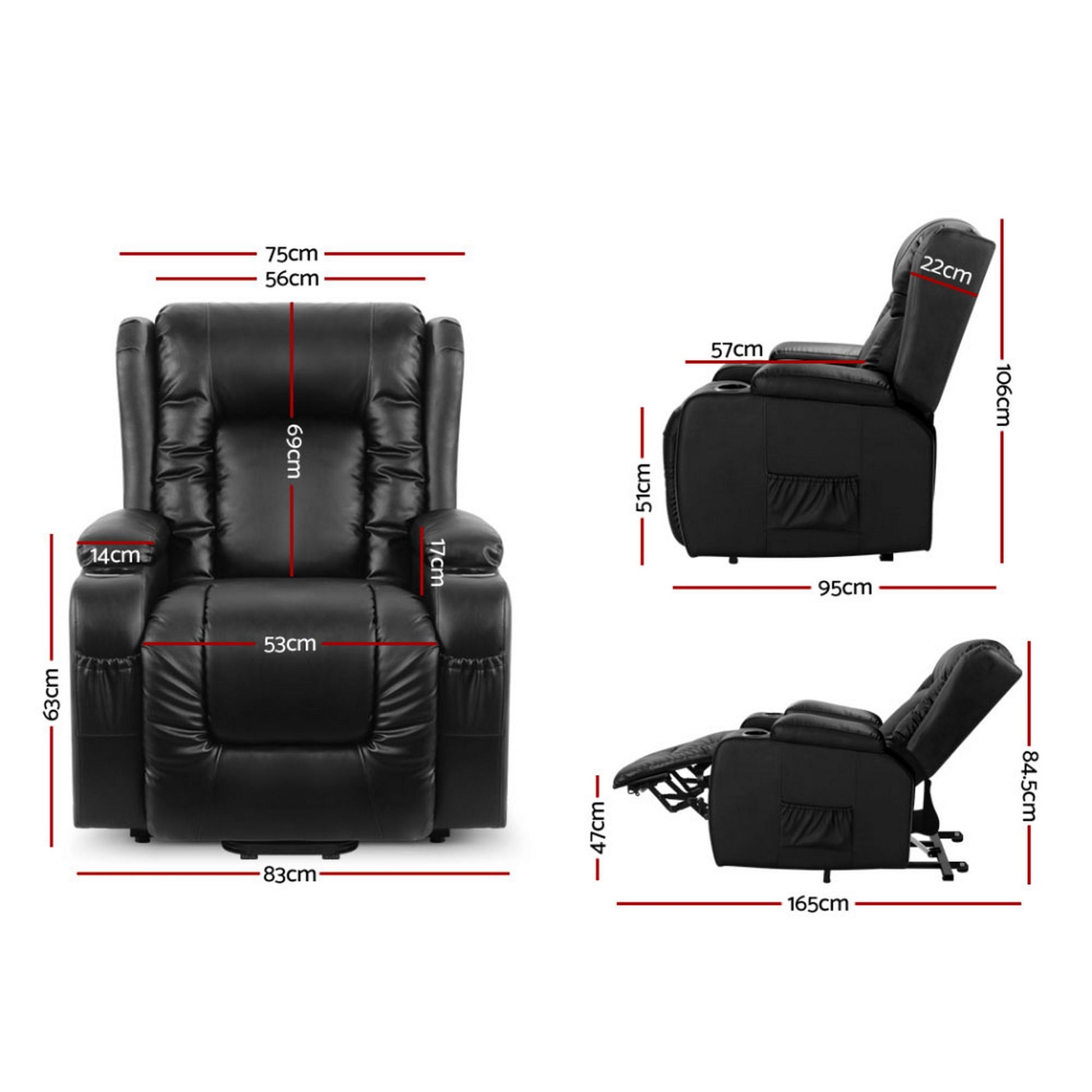 Black leather lift recliner shown upright and reclined
