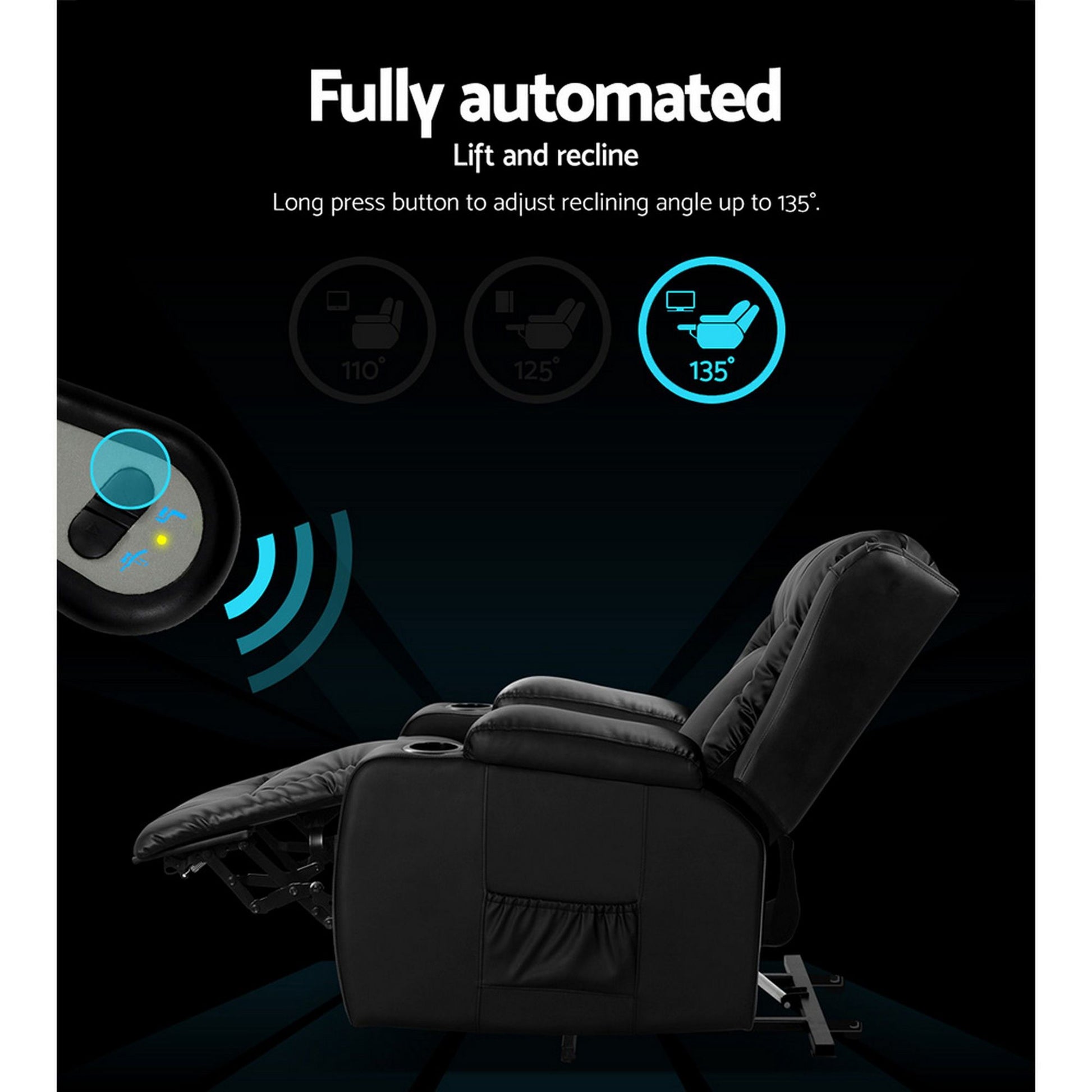 Black leather lift recliner control buttons feature graphic