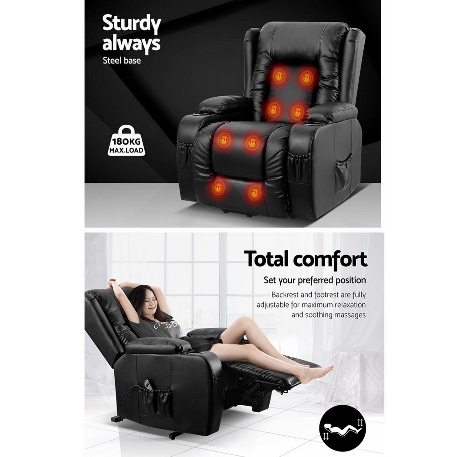 Black leather lift recliner heat and massage feature graphic