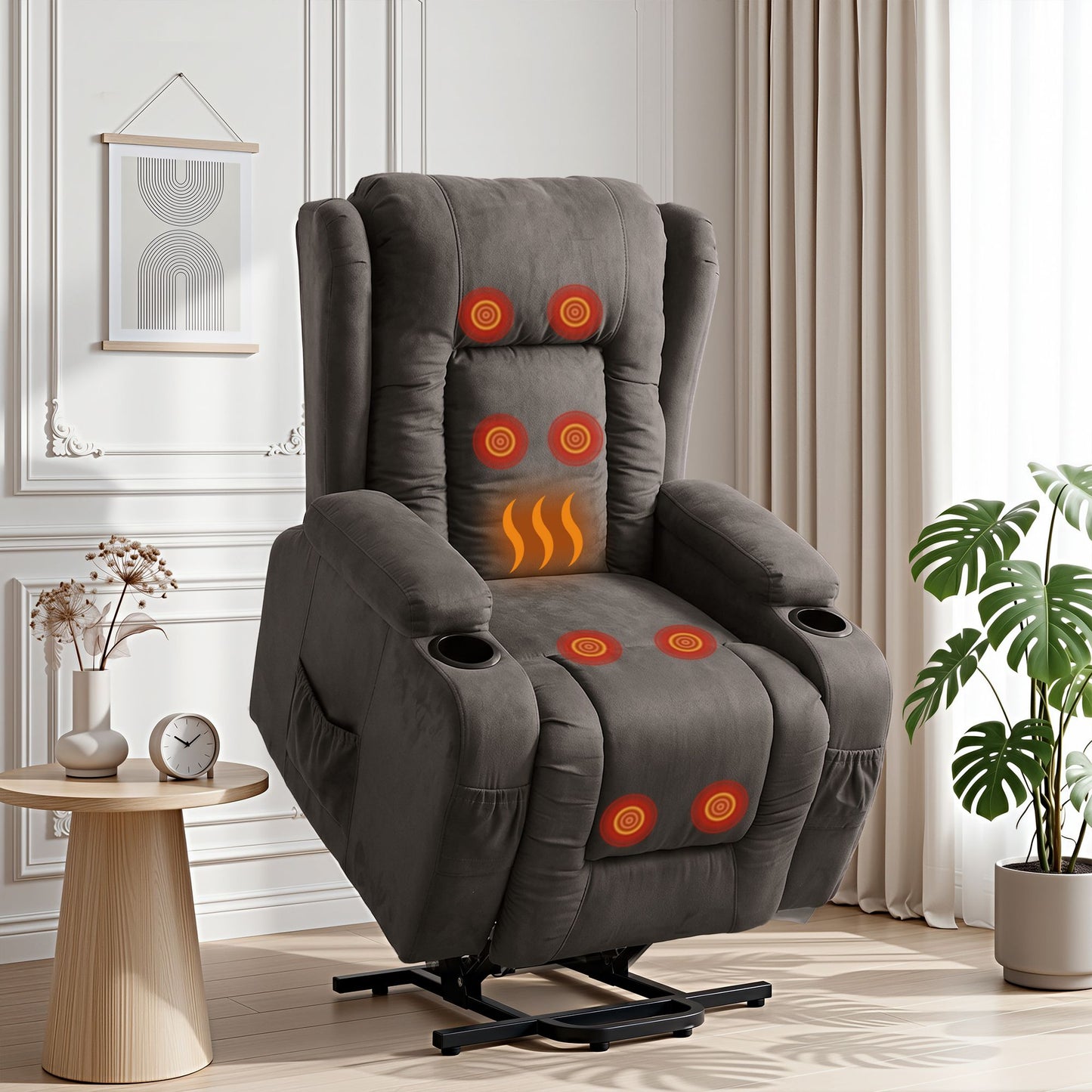 Grey fabric electric lift recliner chair in a living room