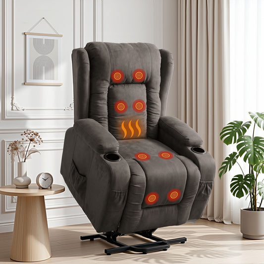 Grey fabric electric lift recliner chair in a living room