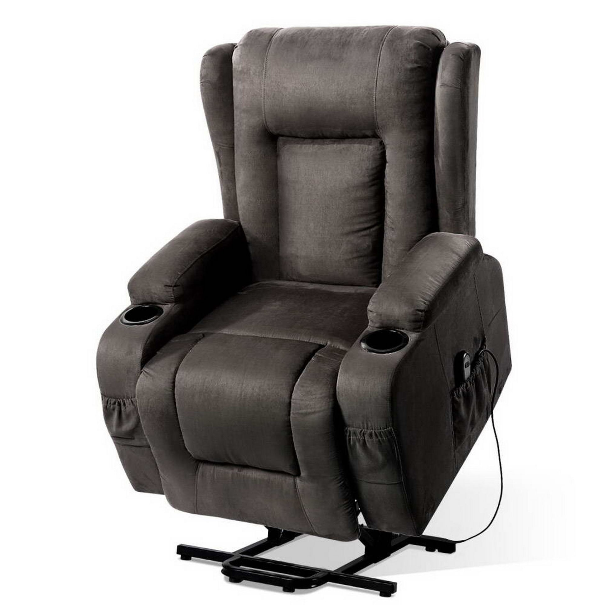 Grey fabric electric lift recliner chair with padded arms and footrest