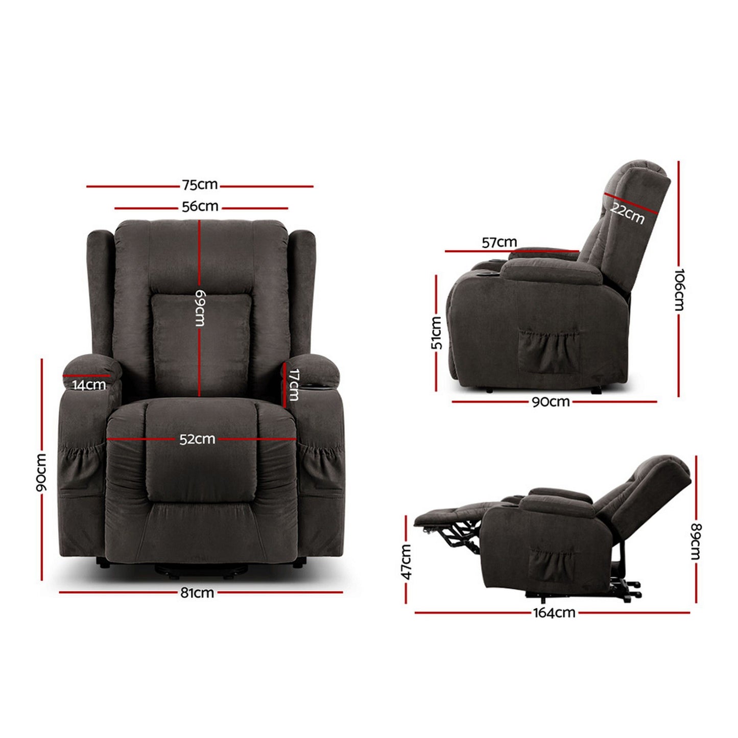 Grey fabric lift recliner shown upright and reclined