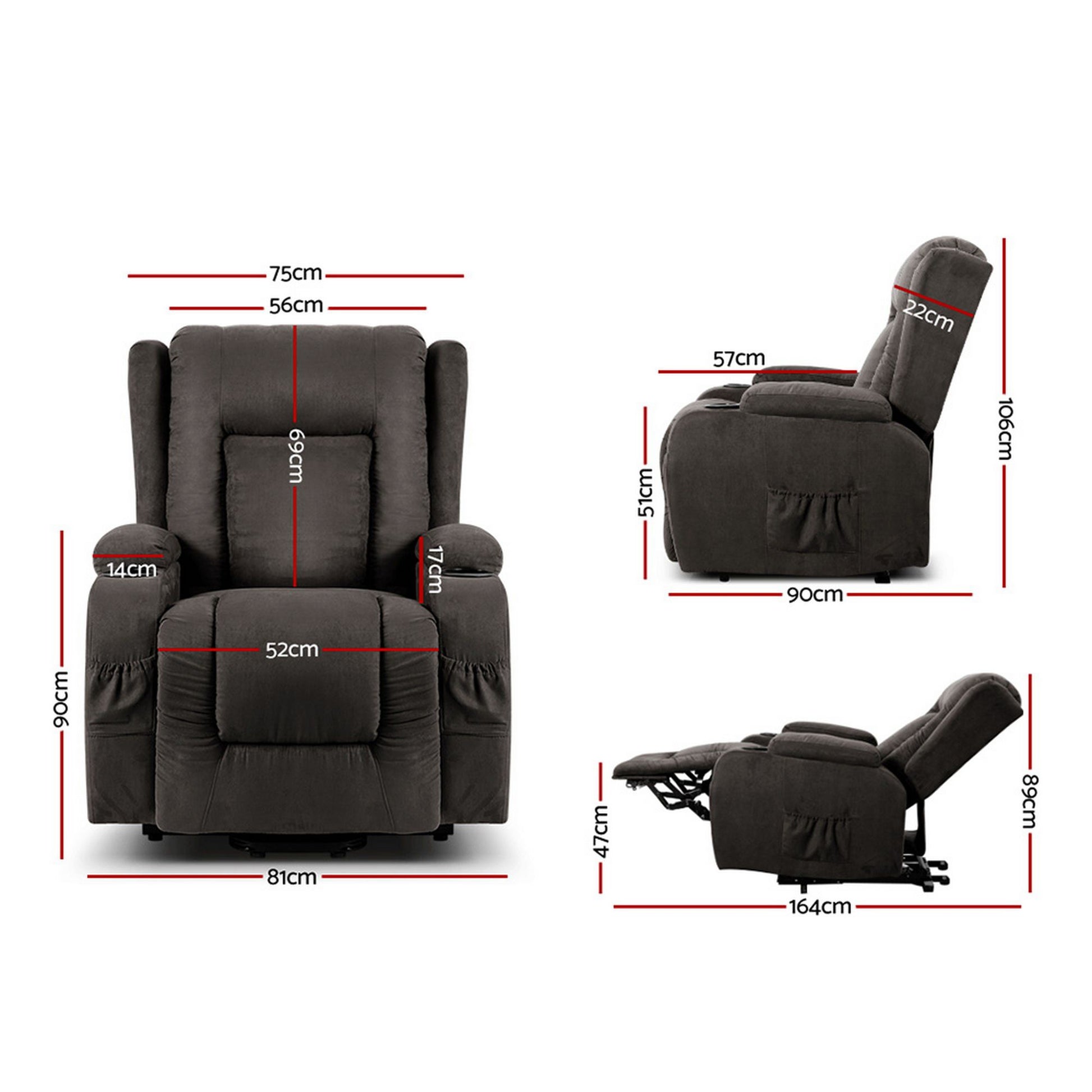 Grey fabric lift recliner shown upright and reclined