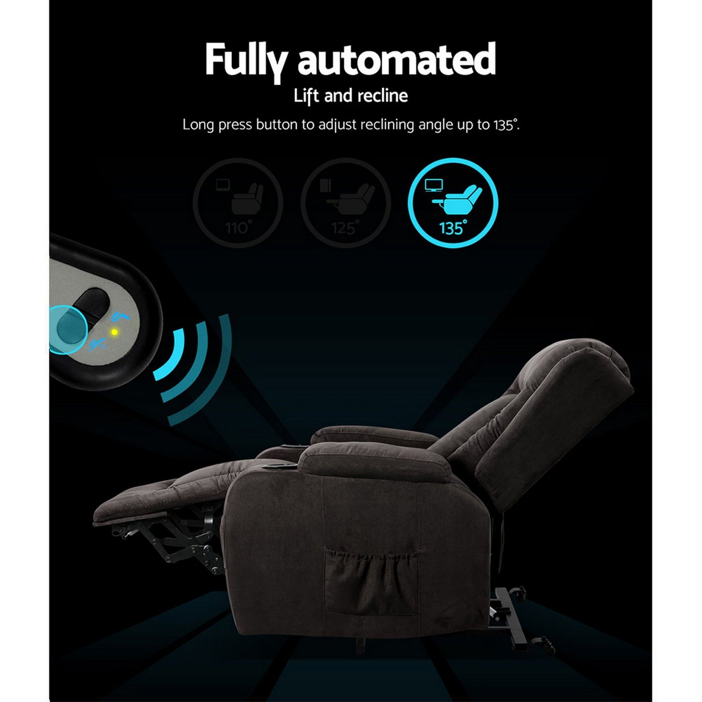 Grey fabric lift recliner control buttons feature graphic