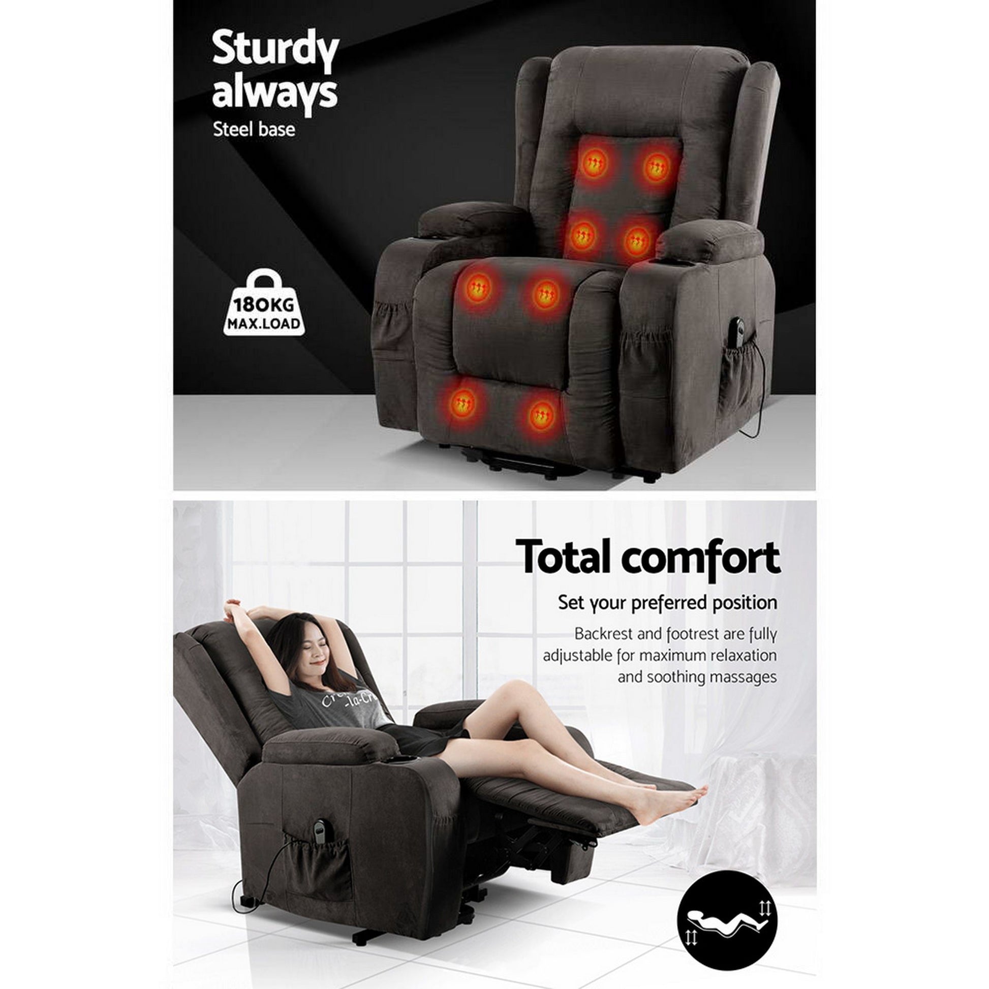 Grey fabric lift recliner heat and massage feature graphic