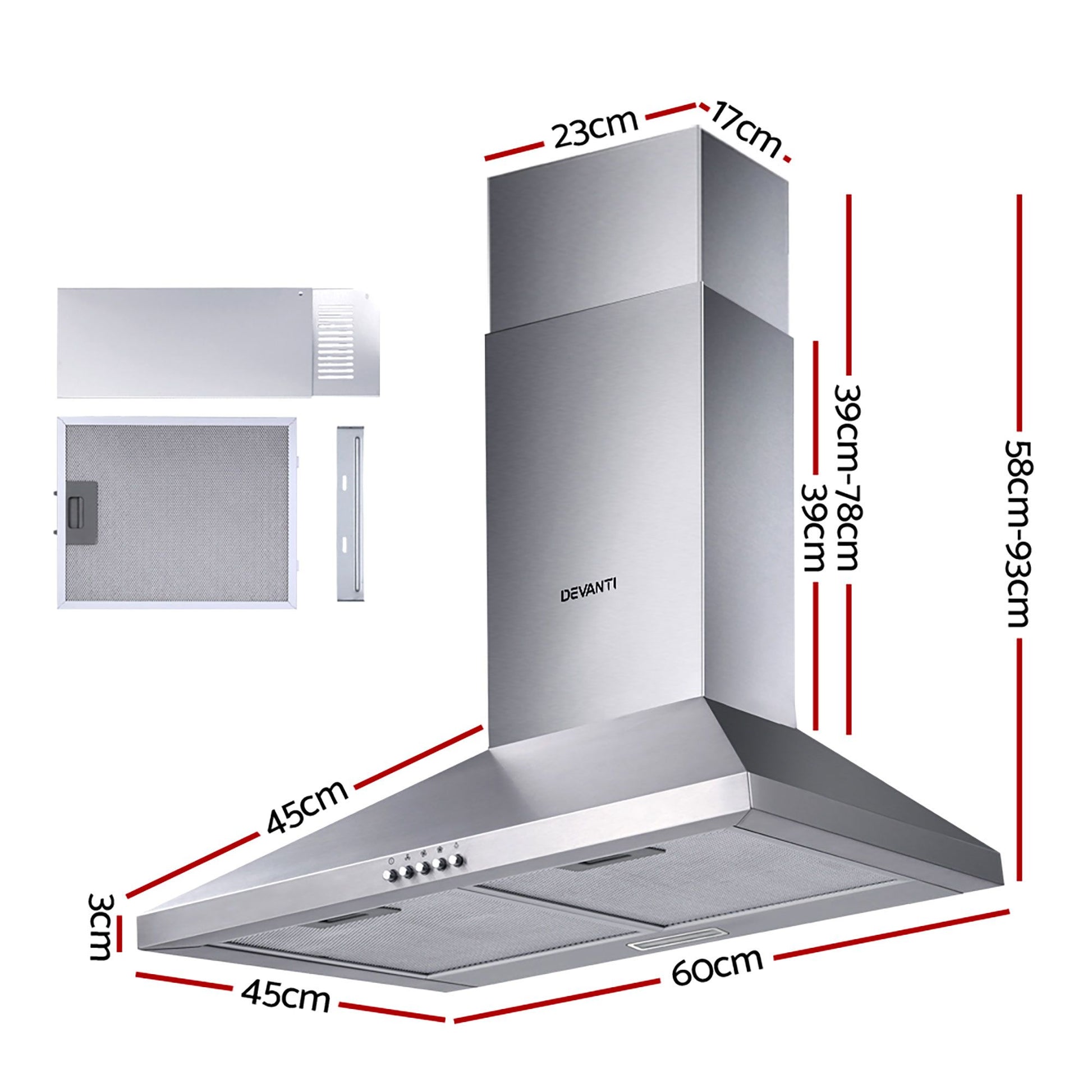 Range Hood 60cm 600mm Kitchen with Canopy Stainless Steel Wall Mount