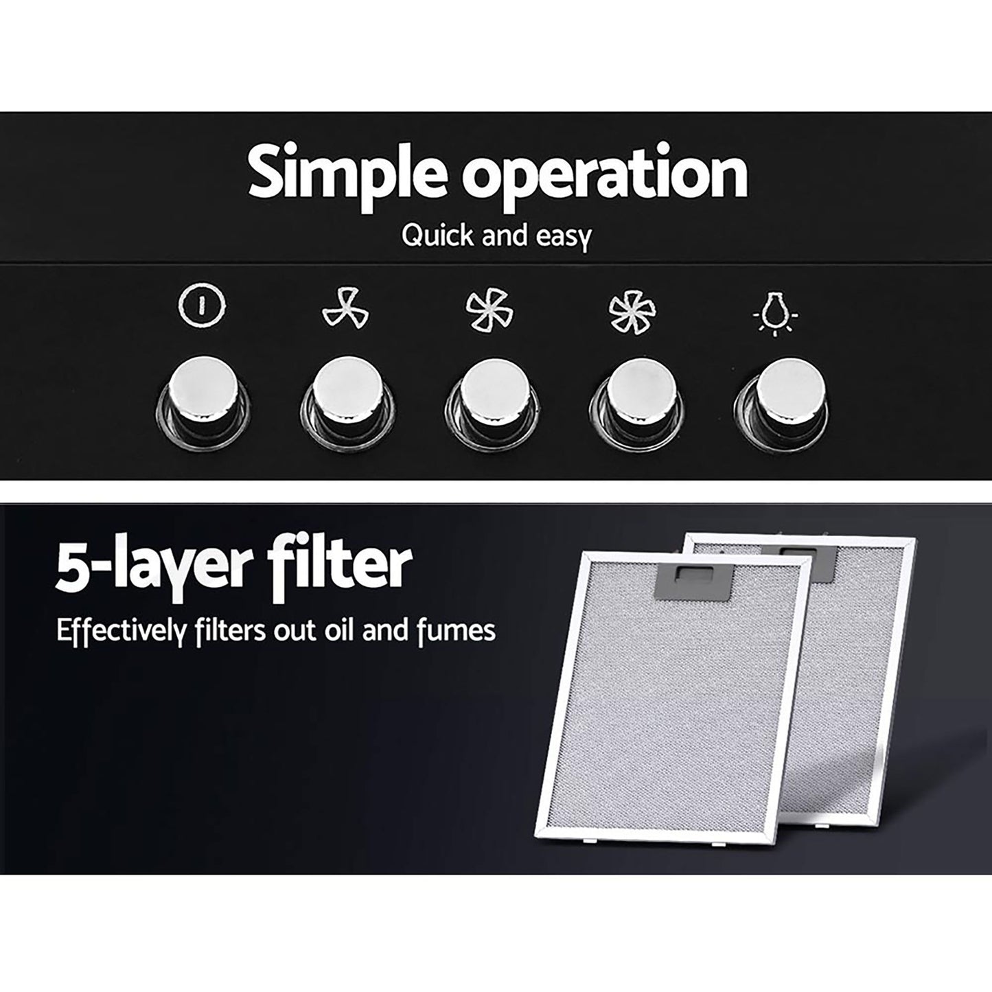 Range Hood 90cm 900mm Kitchen Canopy LED Light Wall Mount Black