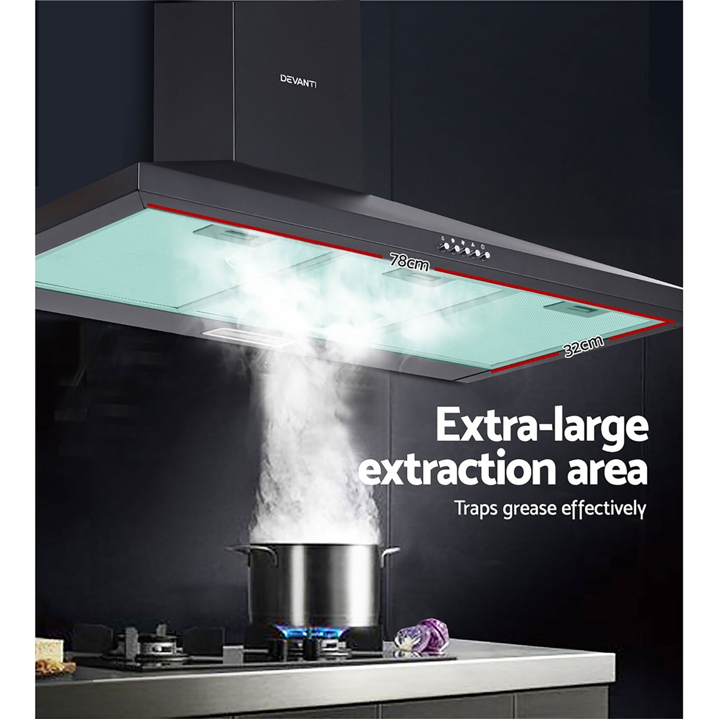 Range Hood 90cm 900mm Kitchen Canopy LED Light Wall Mount Black