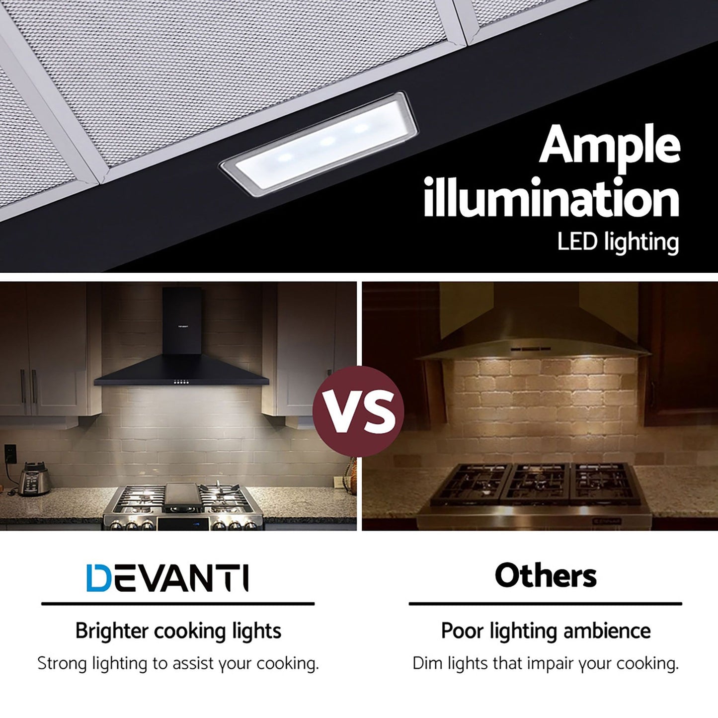 Range Hood 90cm 900mm Kitchen Canopy LED Light Wall Mount Black