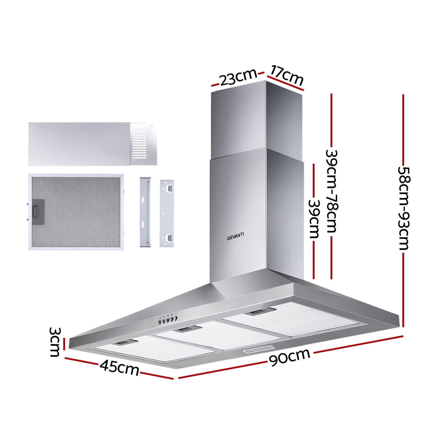 Range Hood 90cm 900mm Kitchen Canopy Stainless Steel Wall Mount