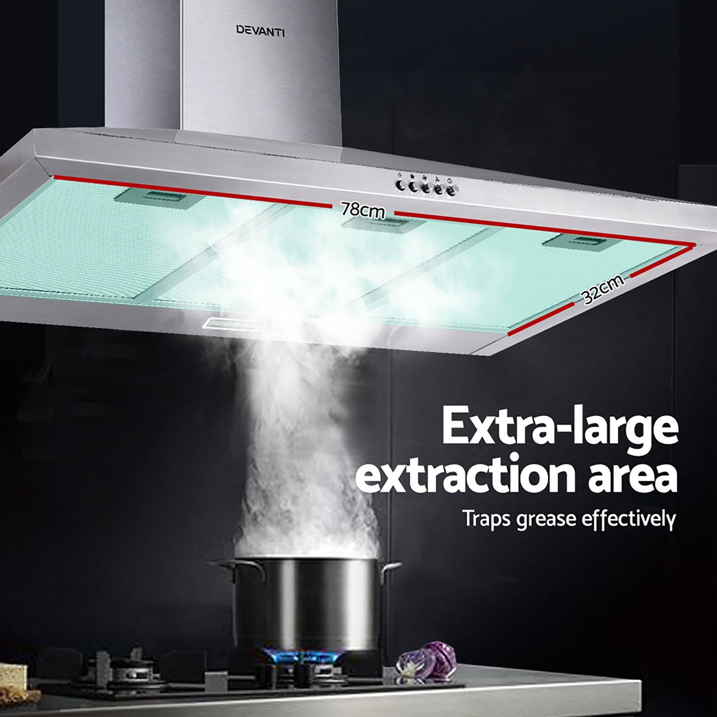 Steel 90cm range hood kitchen with matching accessories and clear item layout