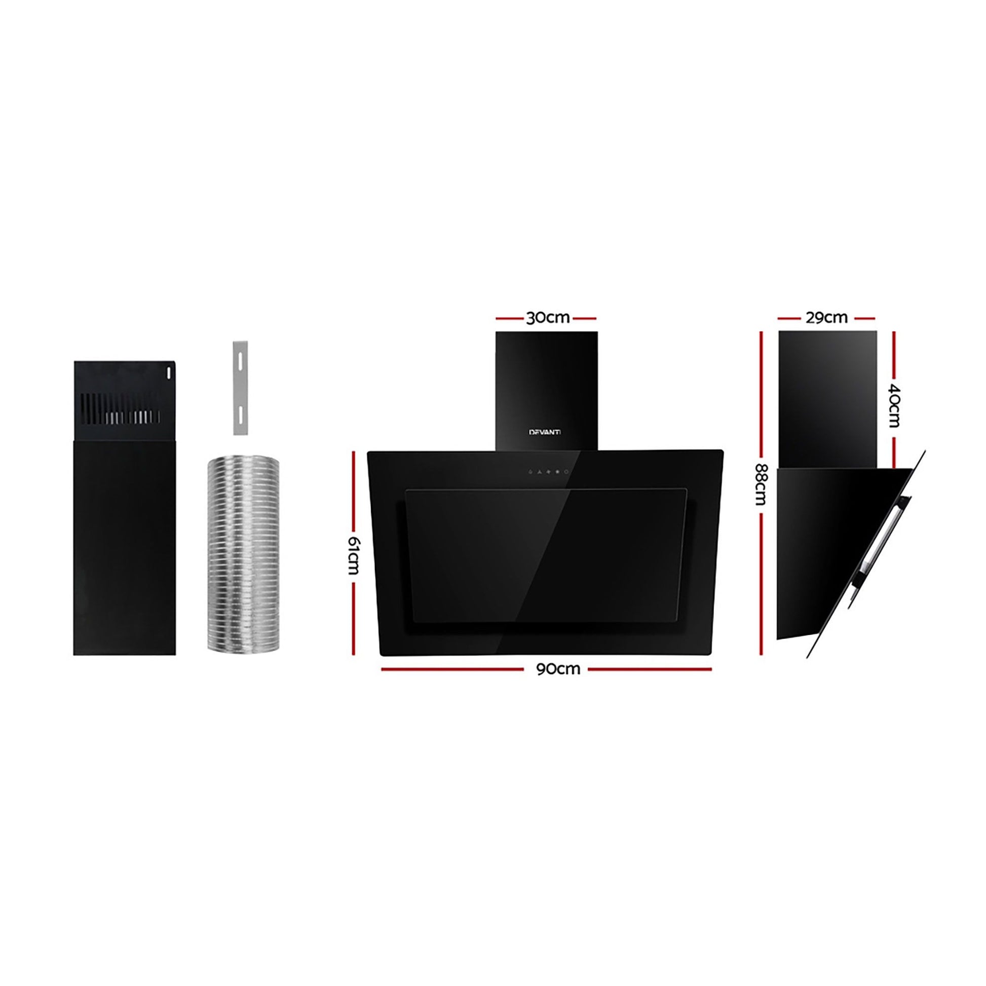 Range Hood 900mm Black Angled Side Draft Canopy