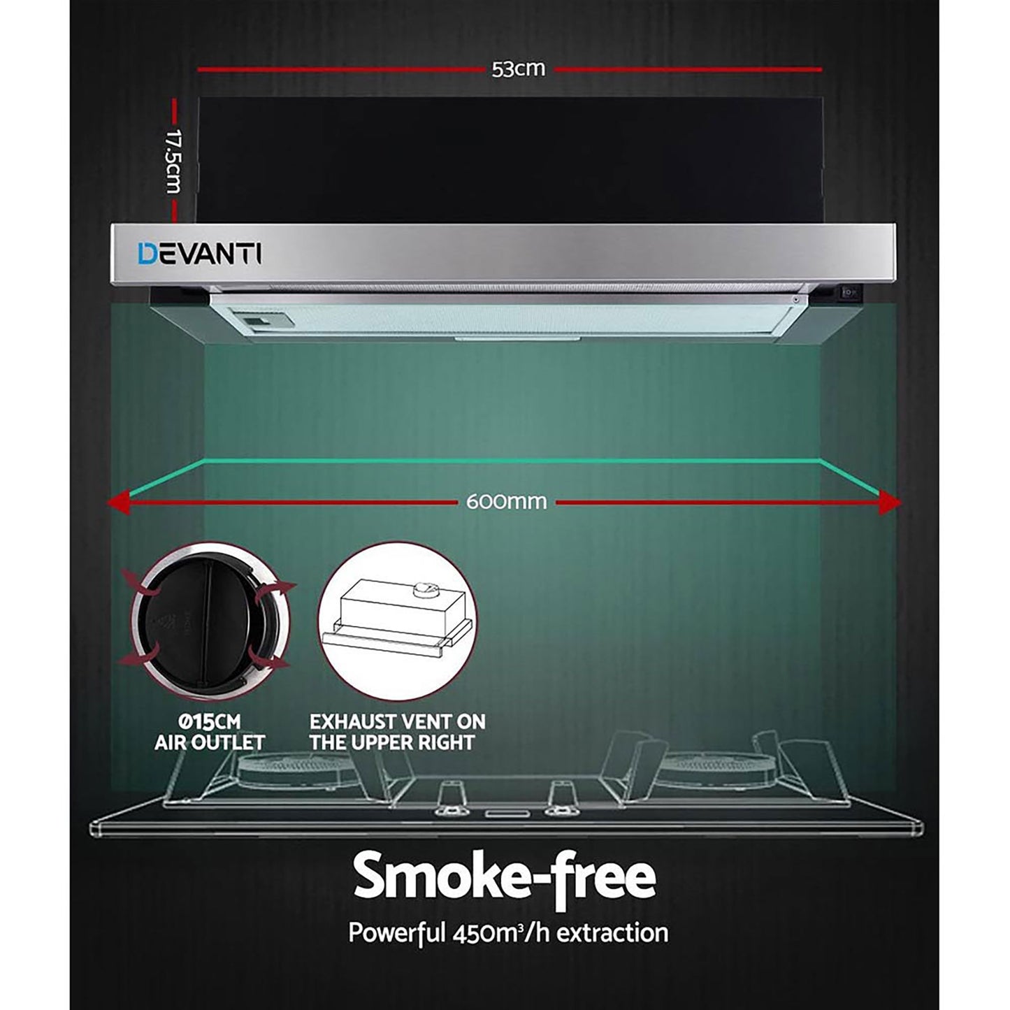 Black steel 60cm range hood stainless with matching accessories and clear item layout