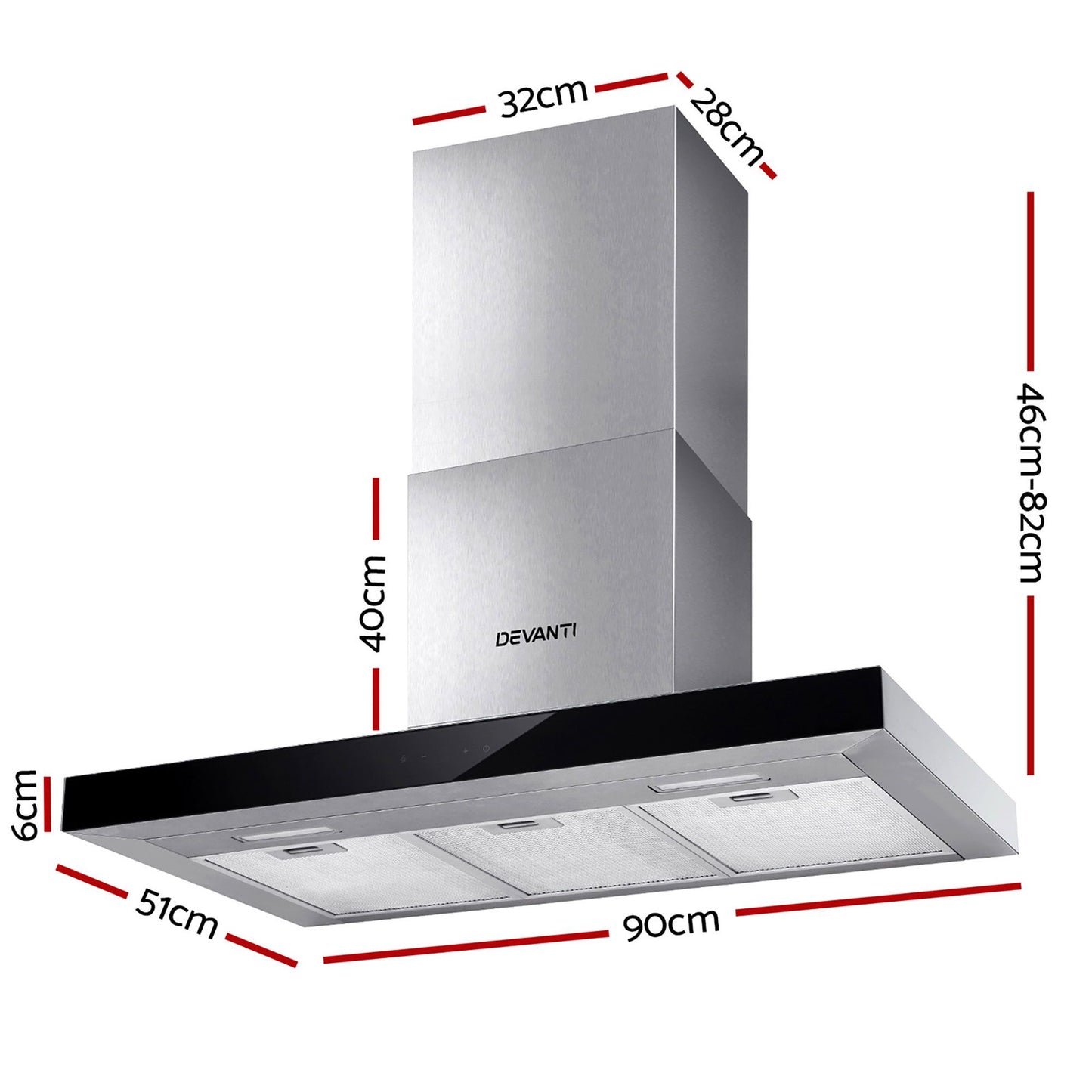 Range Hood 900mm Rangehood 90cm with Stainless Steel Glass Kitchen Canopy