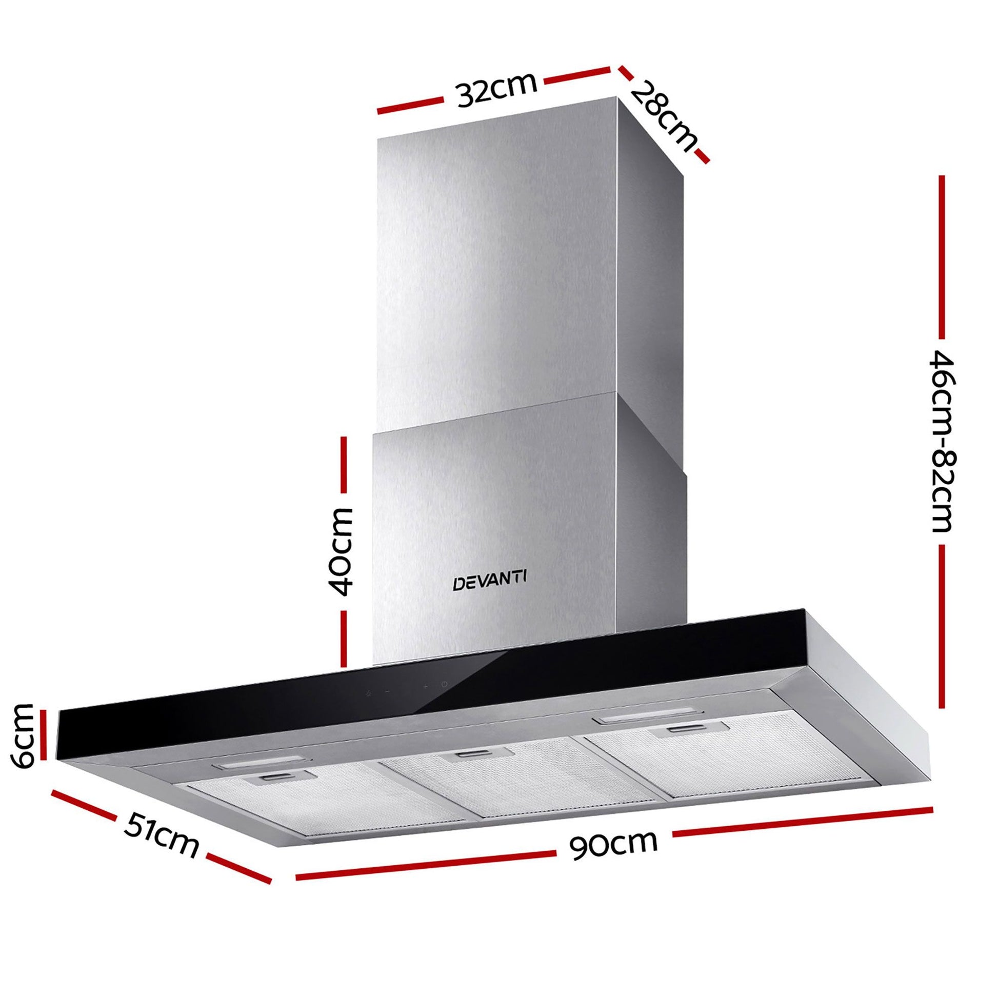 Range Hood 900mm Rangehood 90cm with Stainless Steel Glass Kitchen Canopy