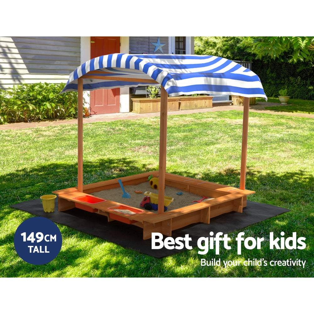 Kids Sandpit Wooden Sandbox Sand Pit with Canopy Water Basin Toys 146cm