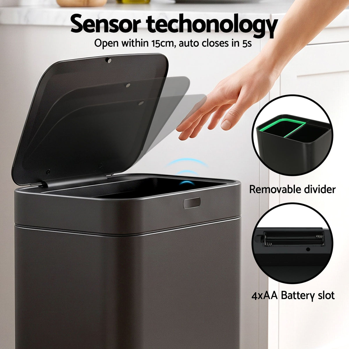 Motion Sensor Bin 70L Pedal Automatic - Black