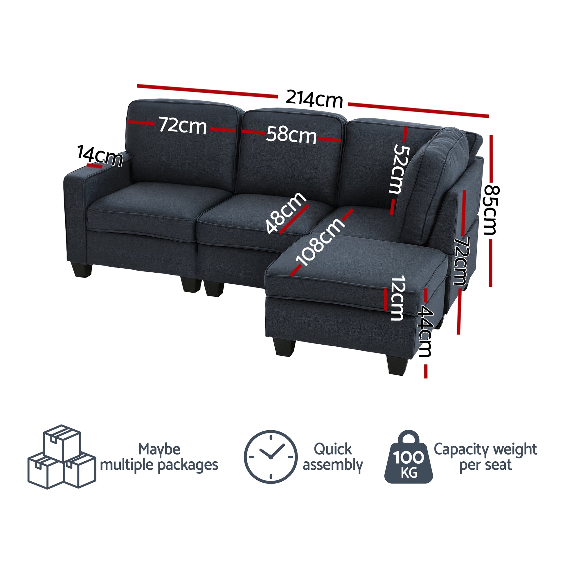 Sofa Lounge Set Seater Chaise Dark Grey Sbed Abce