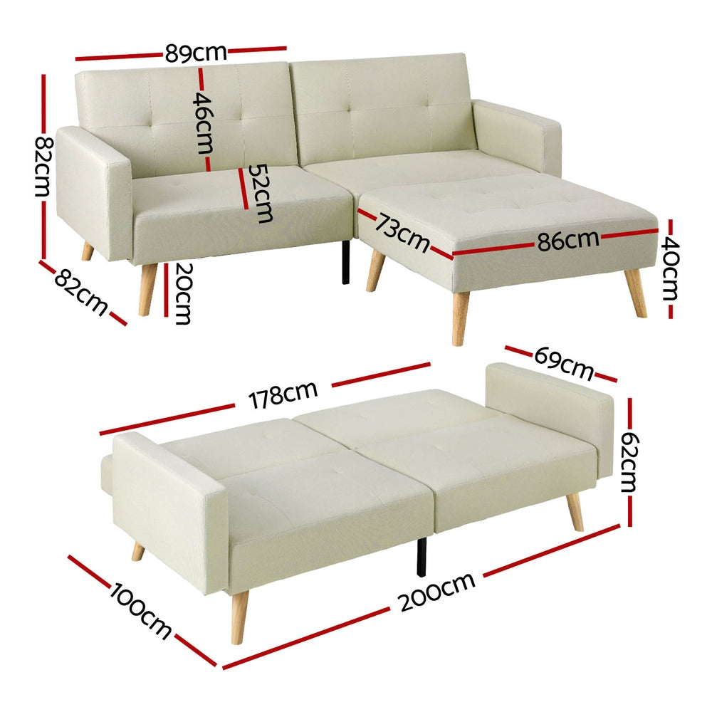 Sofa Bed Ottoman 3 Seater Beige Faux Linen