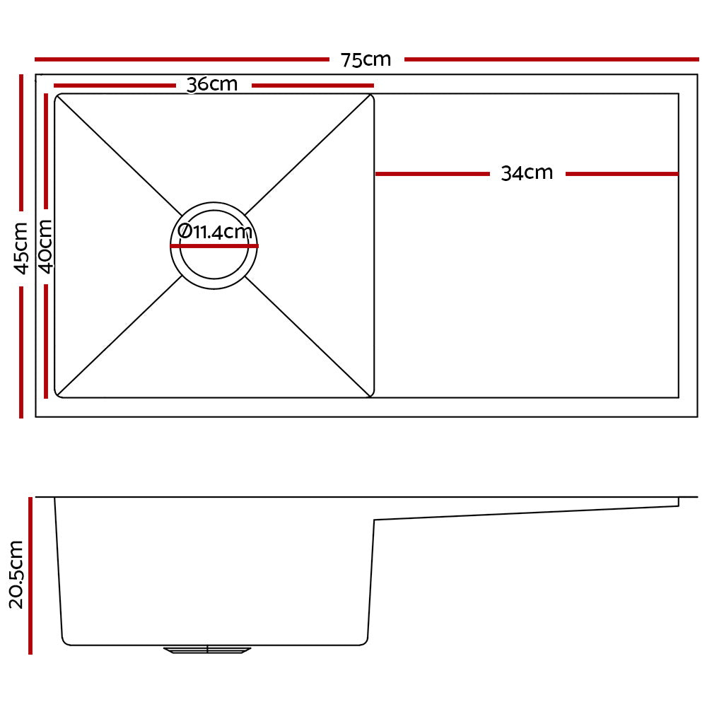 Kitchen Sink 75cm x 45cm Stainless Steel Under/Top/Flush Mount - Black