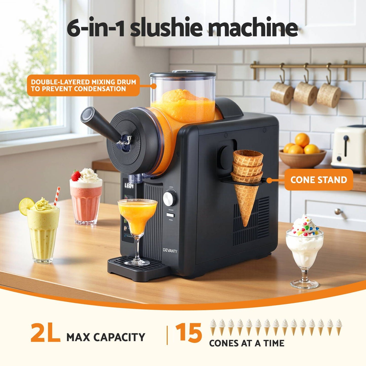Deavnti 2L Slushie Machine Ice Cream Maker Frozen Smoothies Milkshakes Black