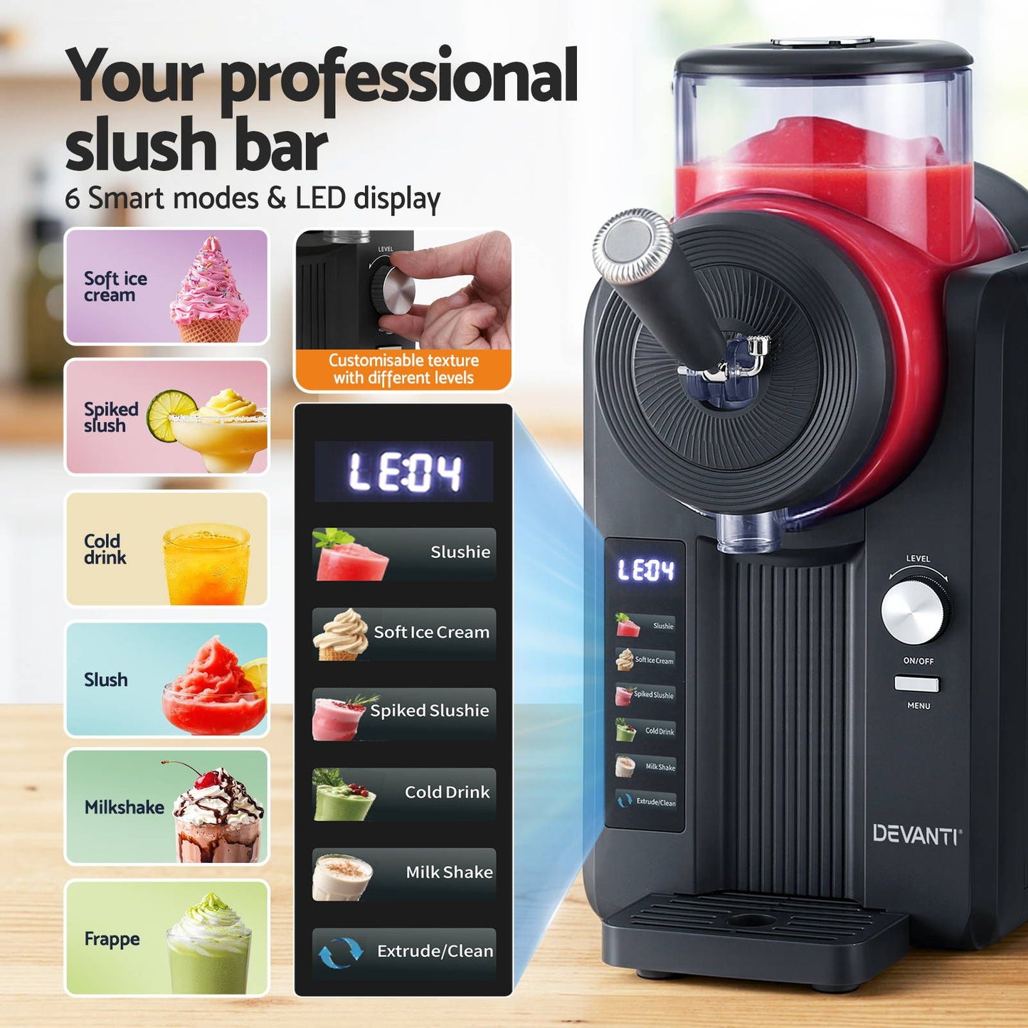 Deavnti 2L Slushie Machine Ice Cream Maker Frozen Smoothies Milkshakes Black