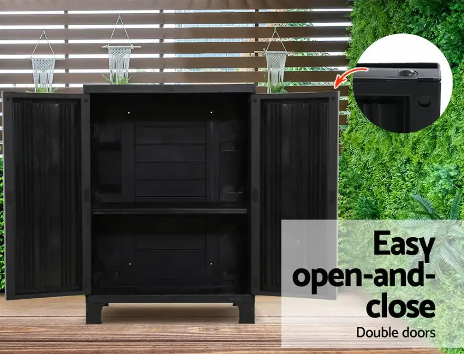 Black outdoor cabinet with two open doors and an inset of a door fitting.