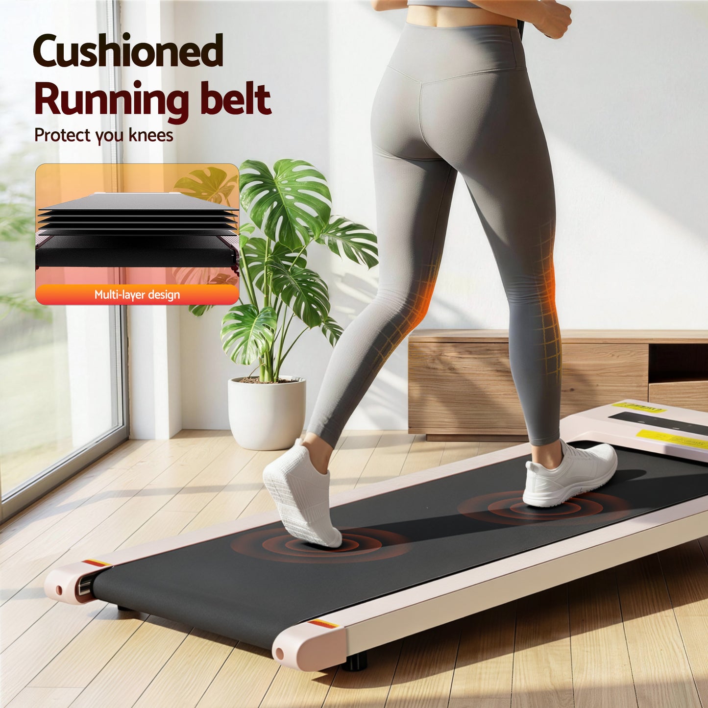 Pink 360mm walking pad treadmill with compact running belt