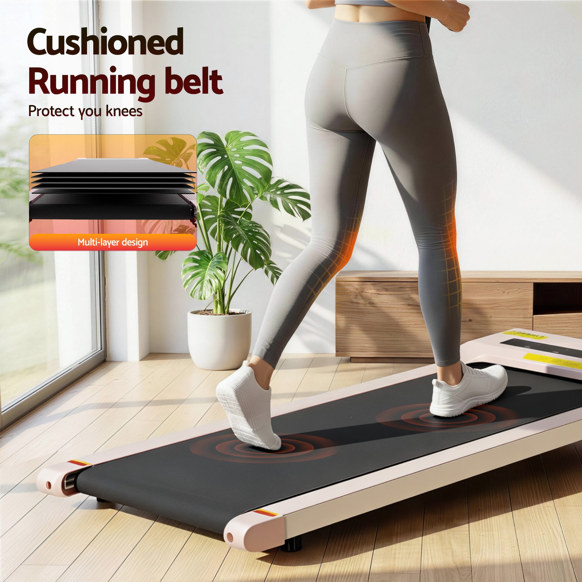 Pink 360mm walking pad treadmill with compact running belt