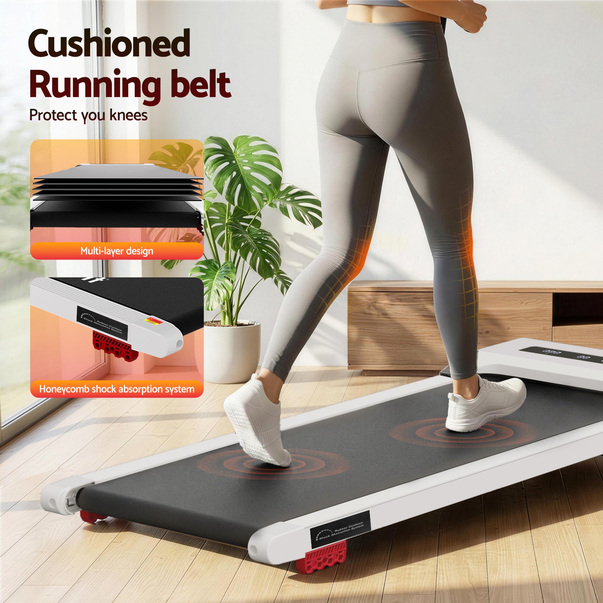 White 380mm walking pad treadmill with incline controls