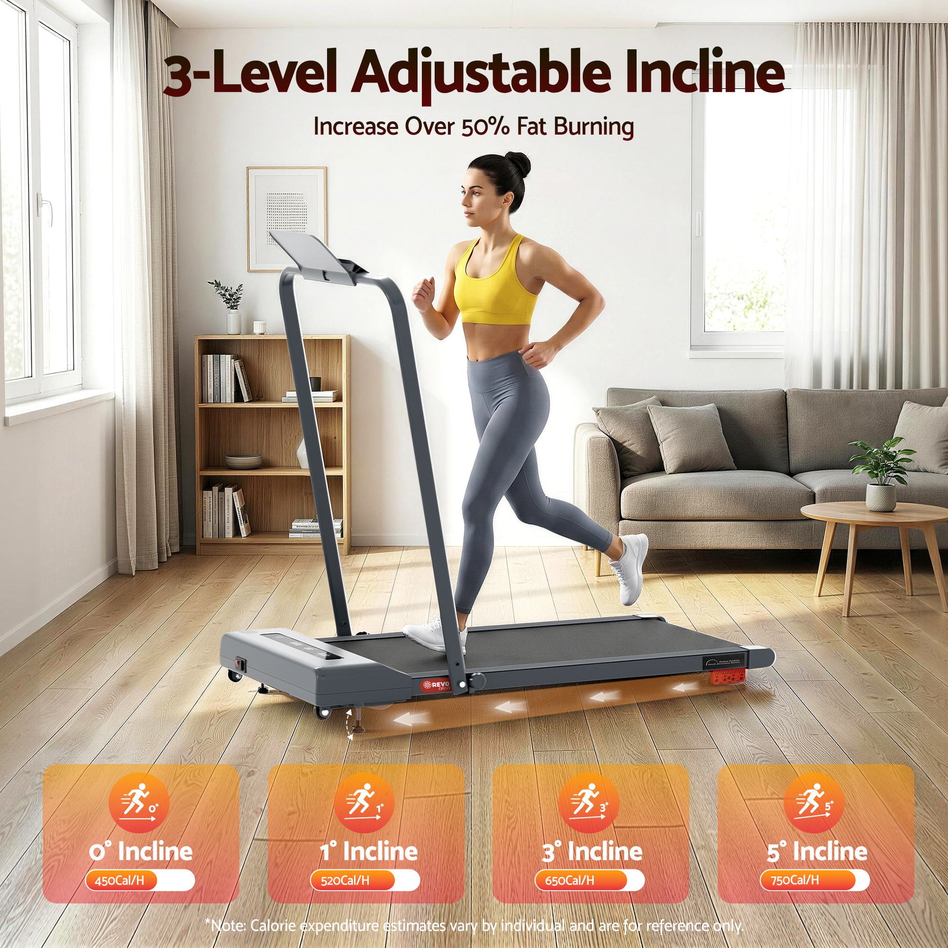 Grey 380mm walking pad treadmill with incline controls
