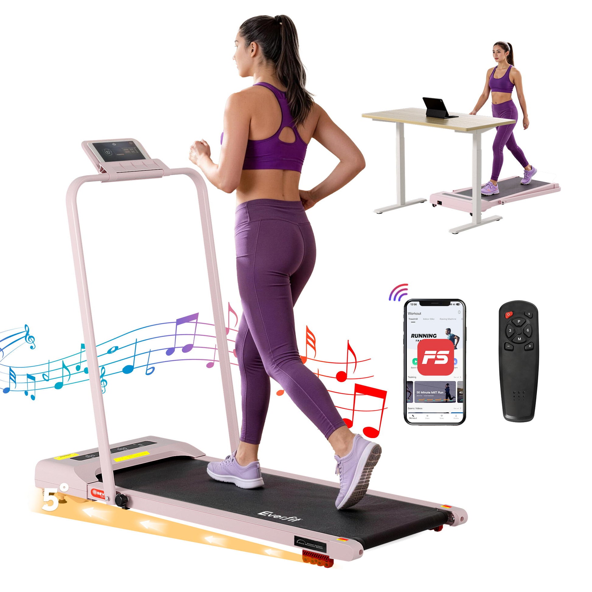 Pink 380mm everfit treadmill electric with pack contents and accessory layout