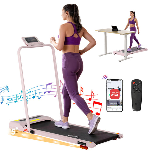 Pink 380mm everfit treadmill electric with pack contents and accessory layout