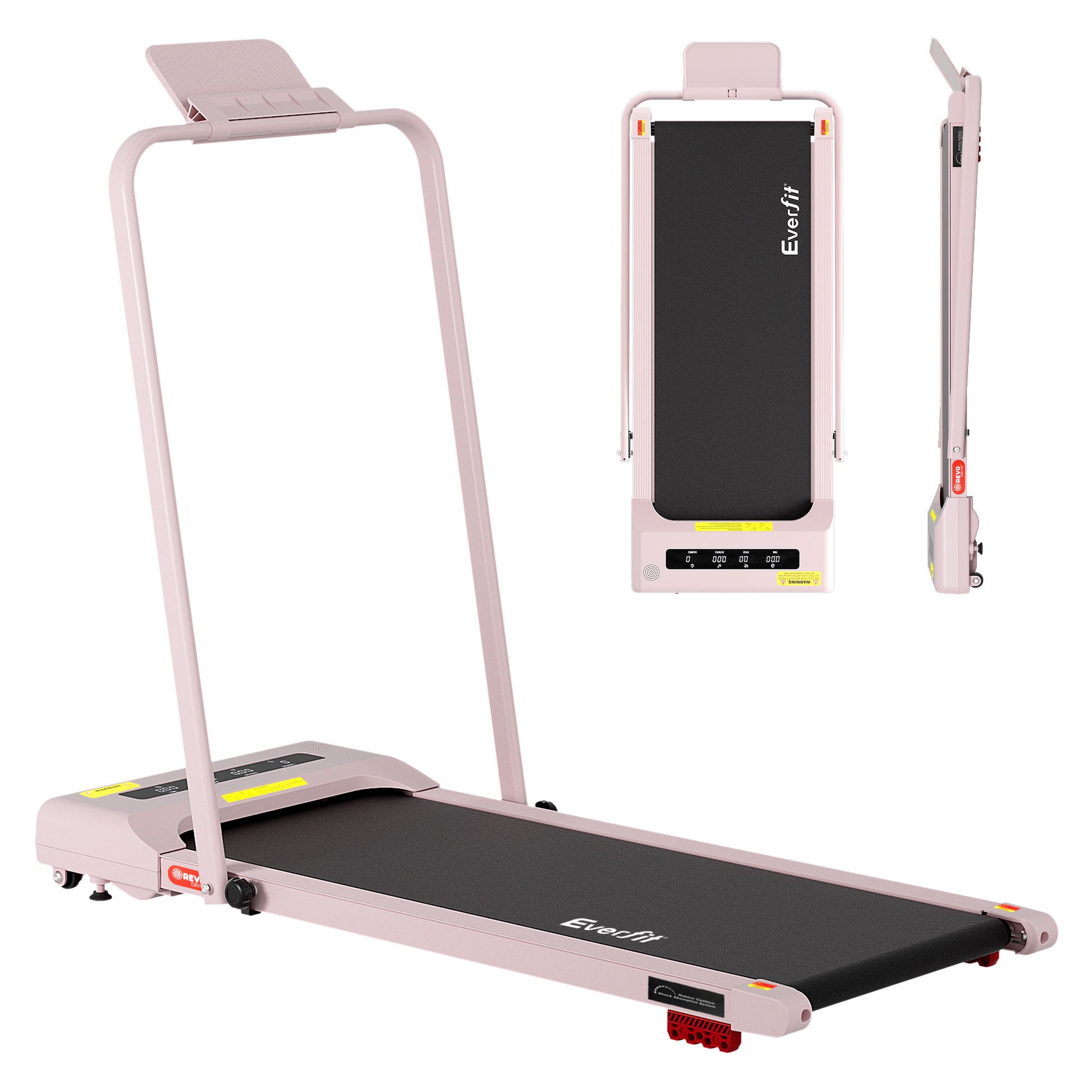 Pink 380mm everfit treadmill electric with compact layout and accessory details