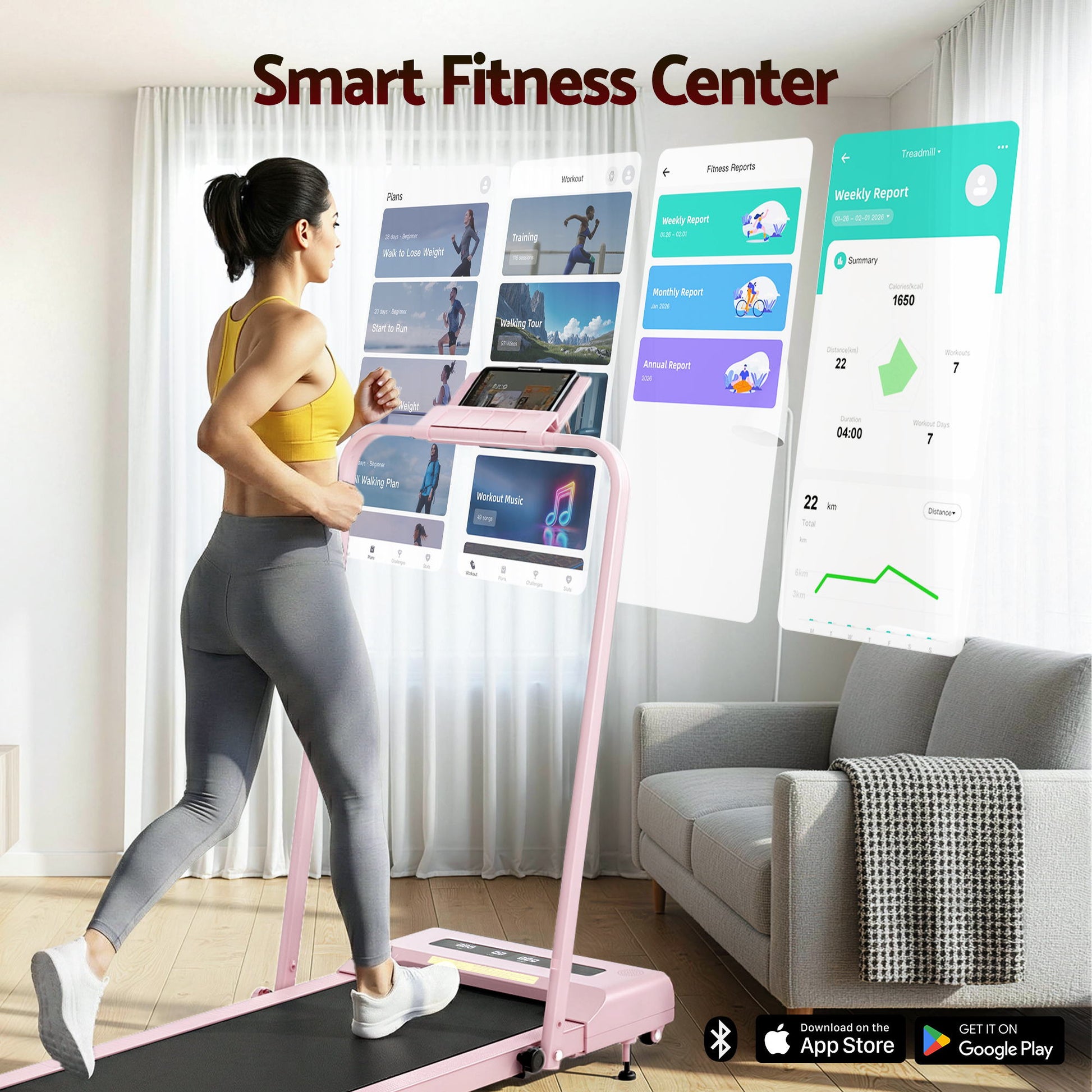 Pink 380mm everfit treadmill electric with assembled layout and visible hardware