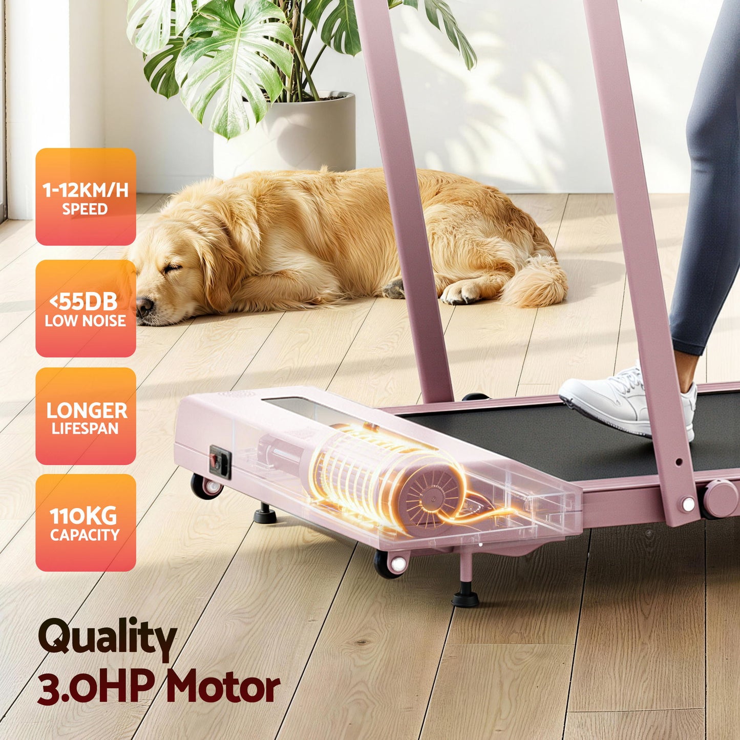 Pink 380mm walking pad treadmill for under-desk exercise spaces