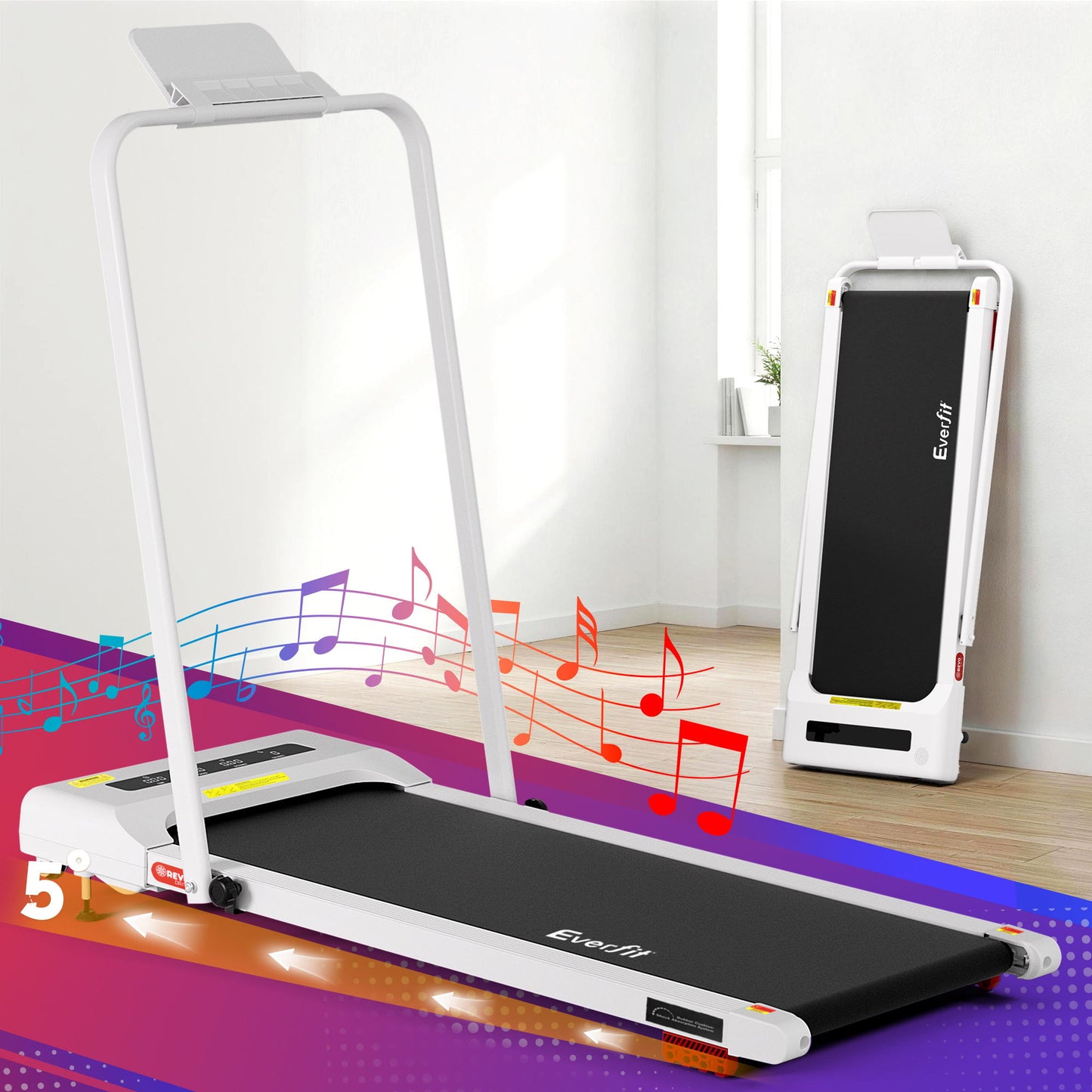 White 380mm walking pad treadmill with lower support frame and fitted legs