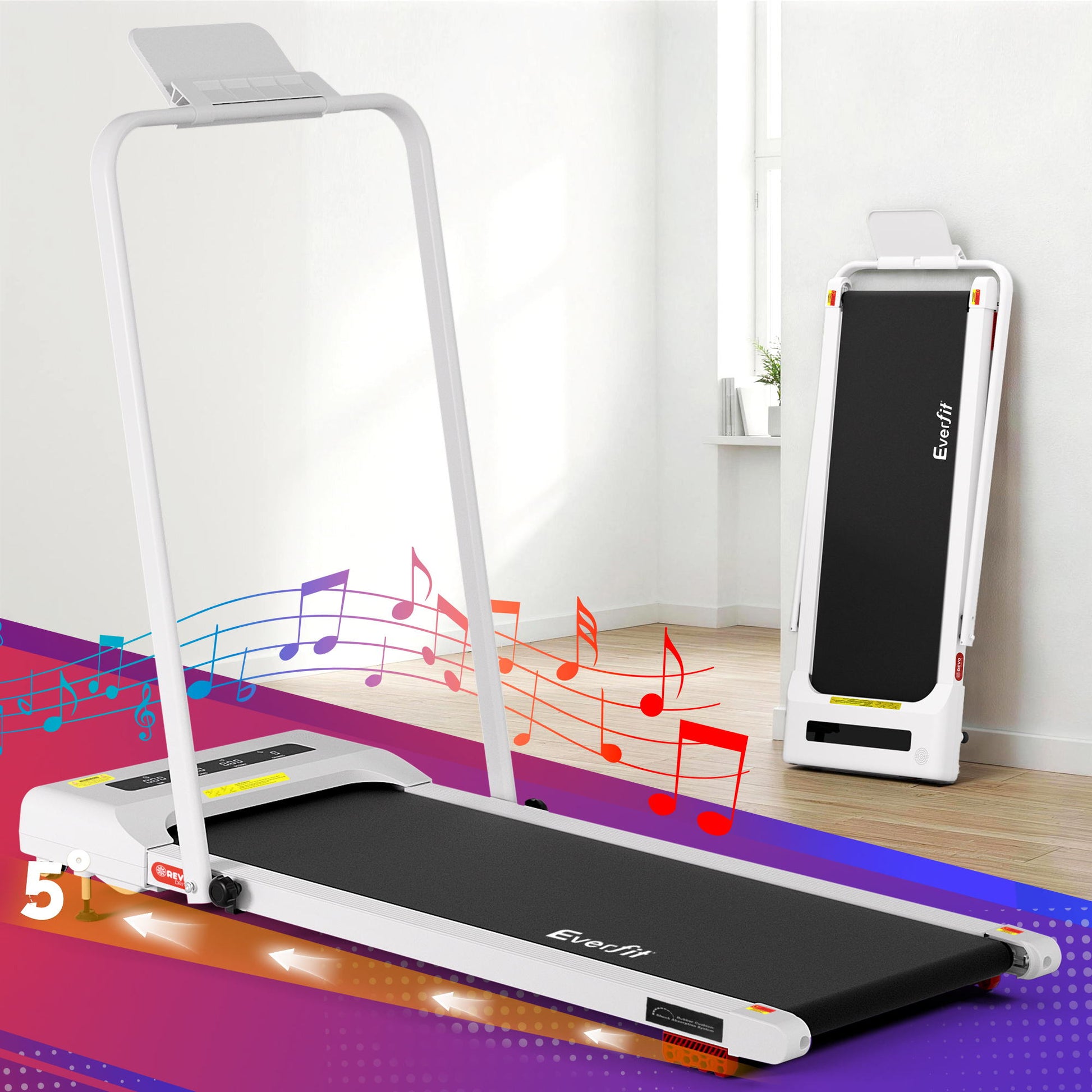 White 380mm walking pad treadmill with lower support frame and fitted legs