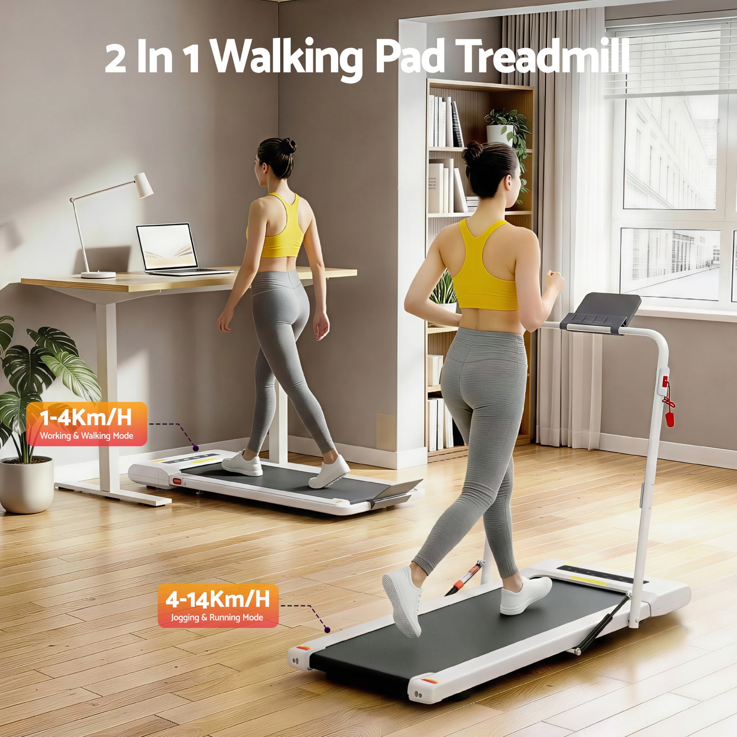White 400mm treadmill walking pad with caster wheels and side handle rail