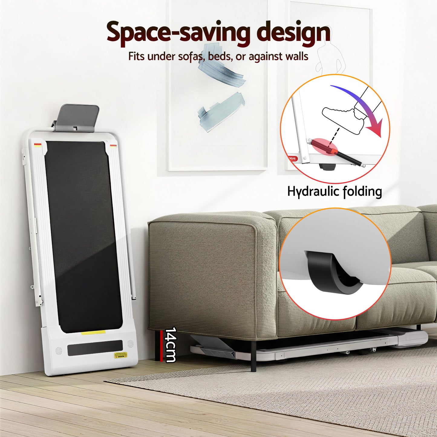 White 400mm walking pad treadmill with front angle shown