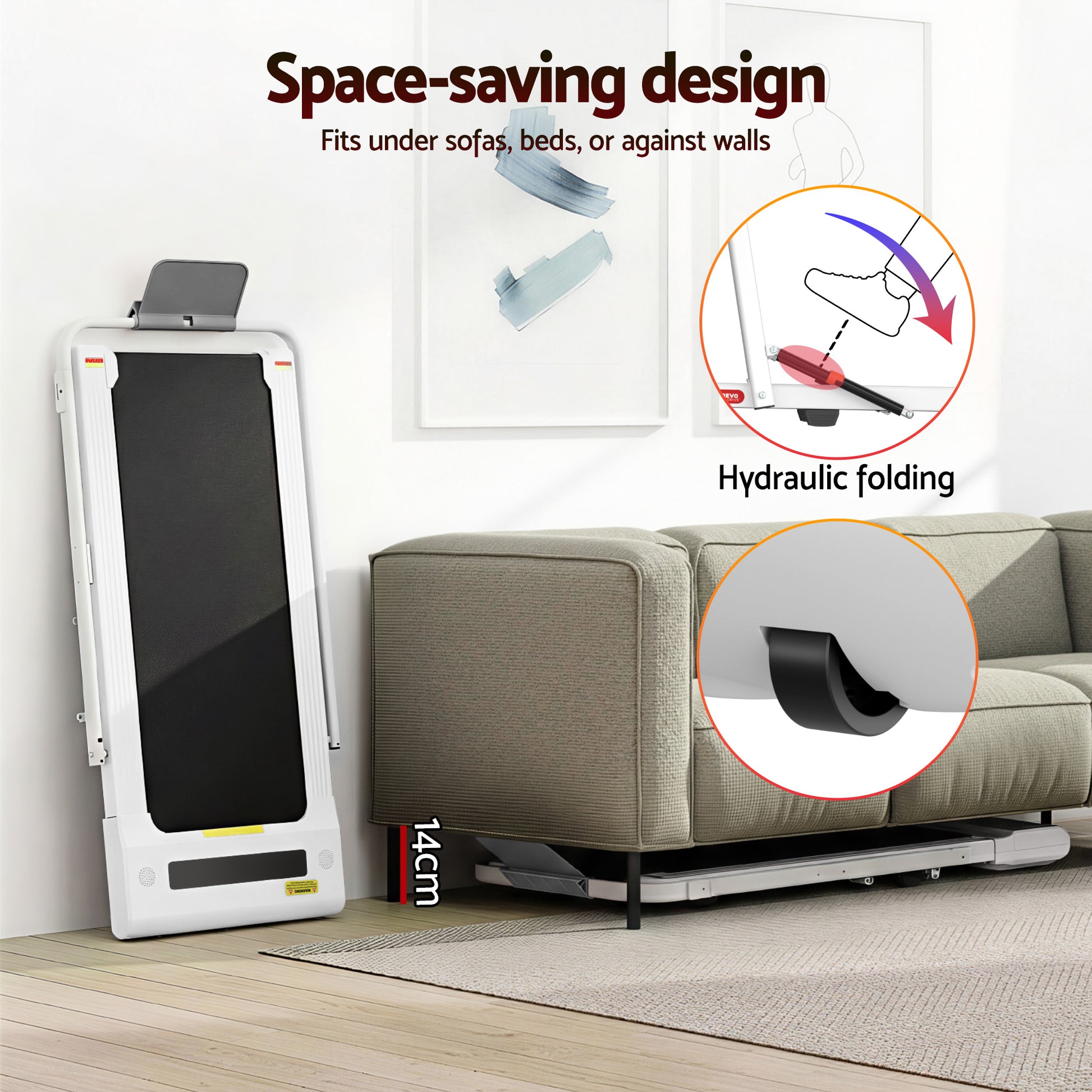 White 400mm walking pad treadmill with front angle shown