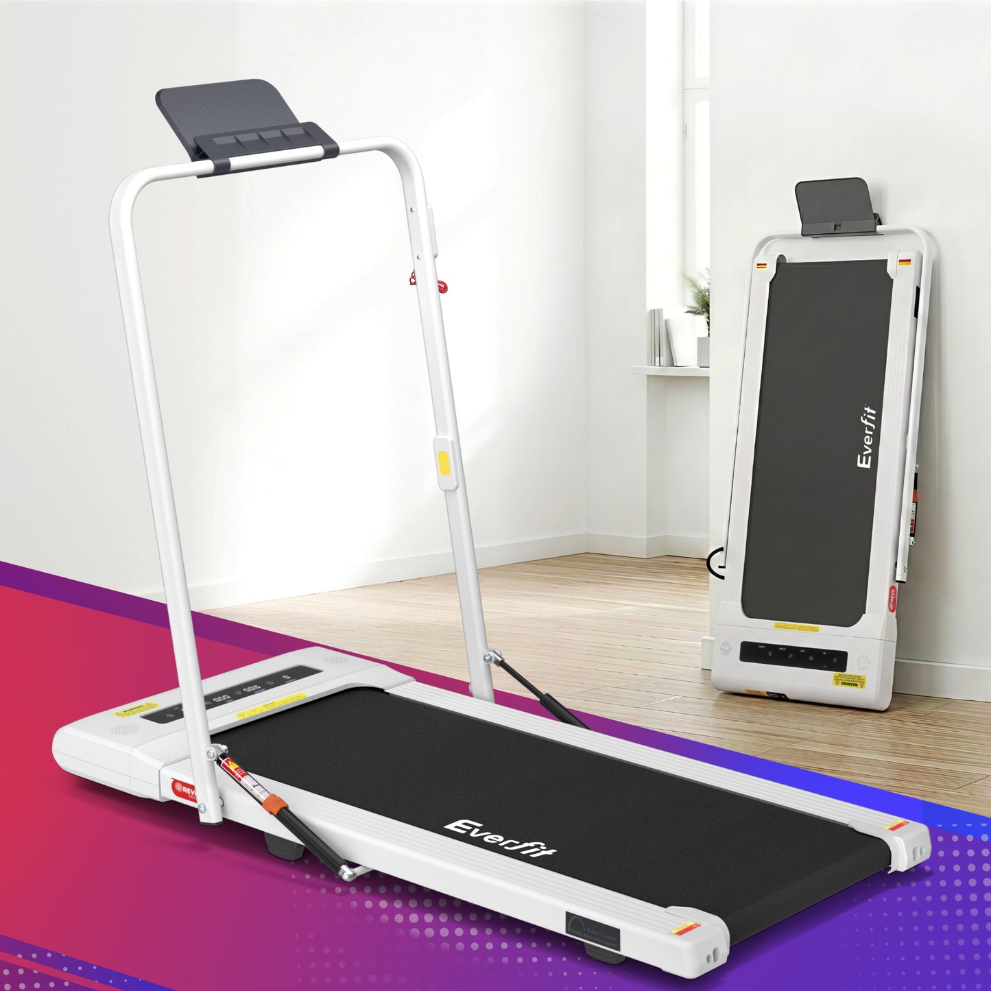White 400mm treadmill walking pad with handles, panels and accessory pieces